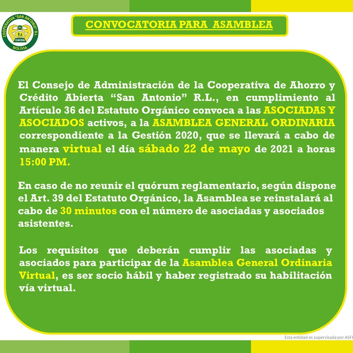 Convocatoria Para Asamblea Cooperativa San Antonio RL